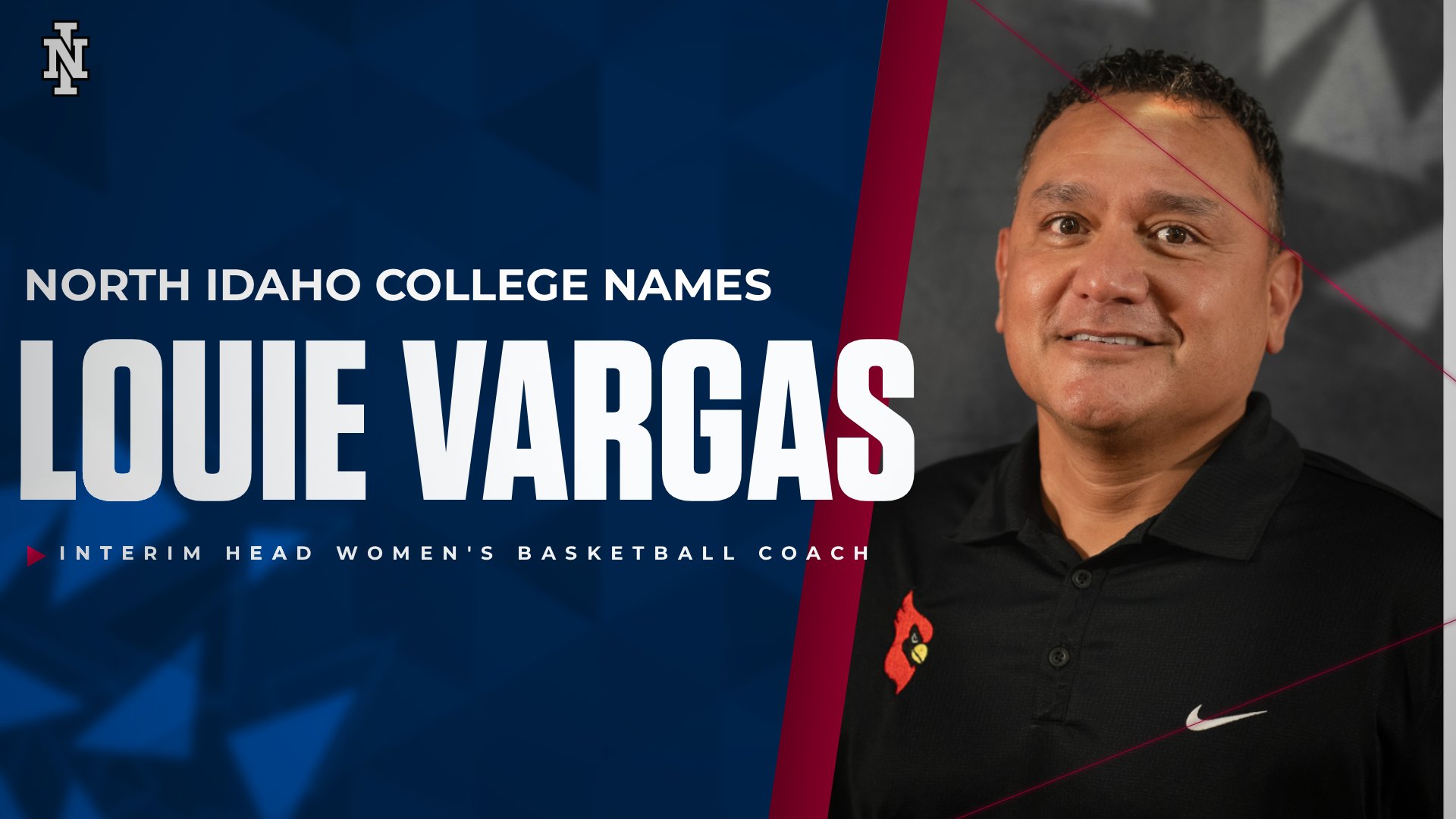 Graphic - Louie Vargas named Interim Head Women's Basketball Coach. Photo of Louie Vargas.
